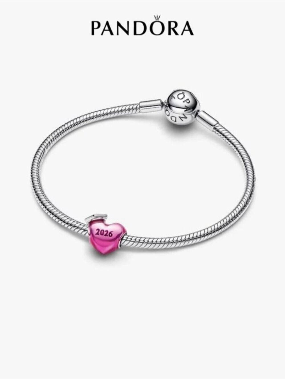 Pandora Silver Snake Chain Bracelet with Pink 2026 Heart Charm